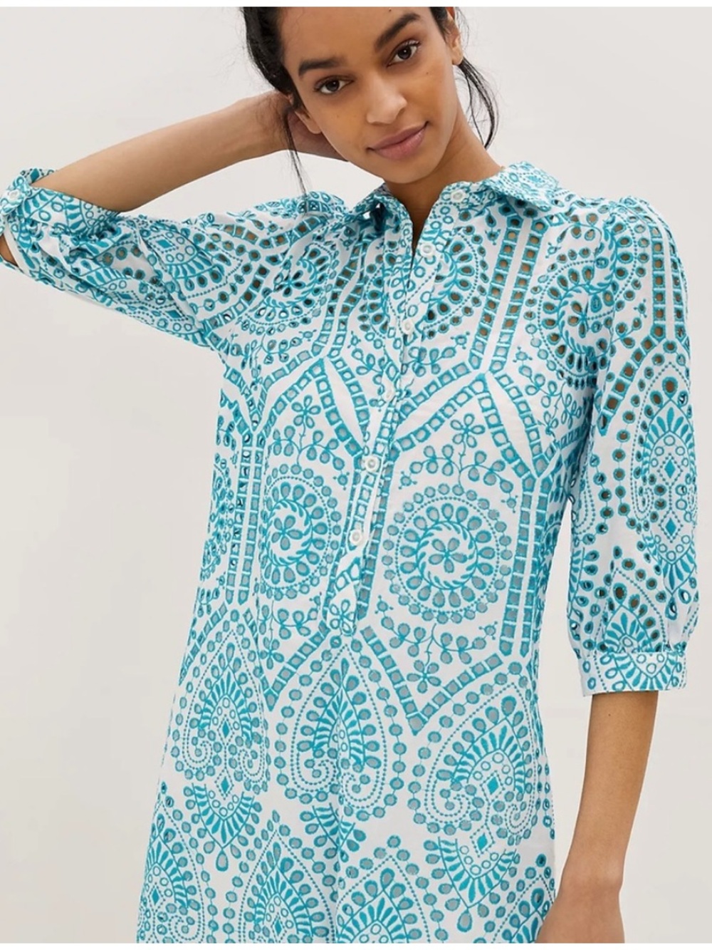NWT Anthropologie Eva Franco Aqua Blue & White Eyelet Dress sz large